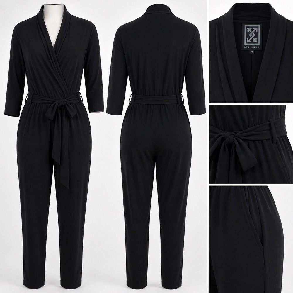 Les Lunes Bamboo Black Wrap Jumpsuit M Belted Travel Workwear Capsule Wardrond